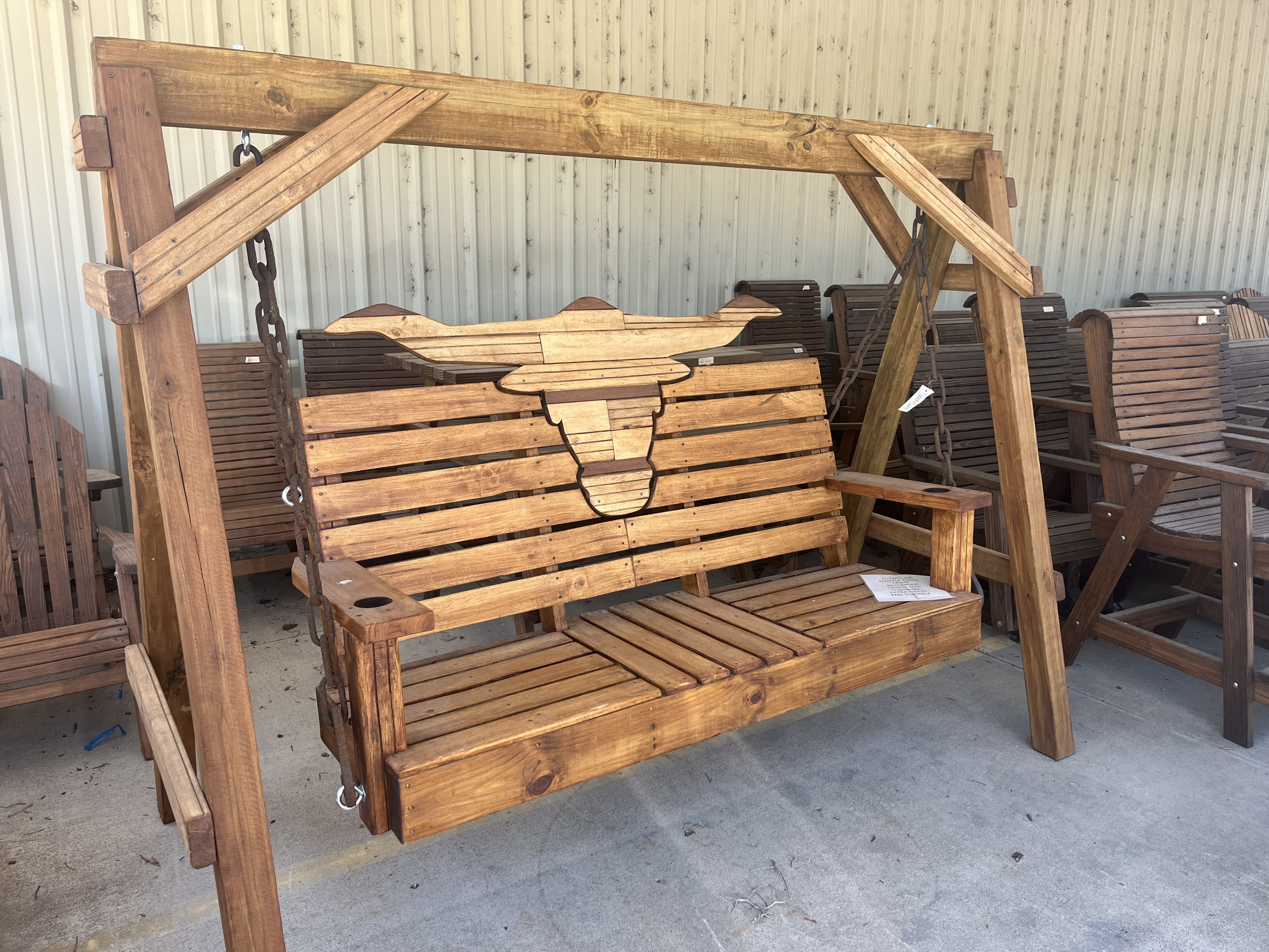 DOUBLT SEAT LONGHORN PATTERN HANGING CHAIR - MADE FROM RECLAIMED CARGO SHIP FLOORING (EXTRA HEAVY & DURABLE)